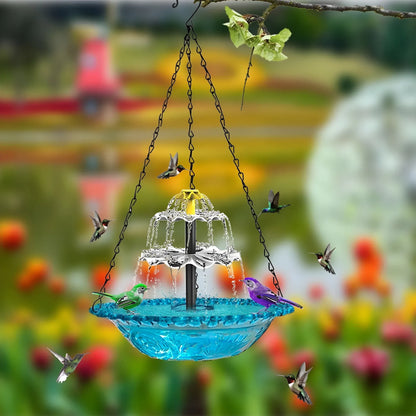 Solar Cascade Hanging Bird Bath Fountain, Hummingbird Water Fountain with Solar Pump Glass Bowl for Garden Yard Patio Backyard Decoration