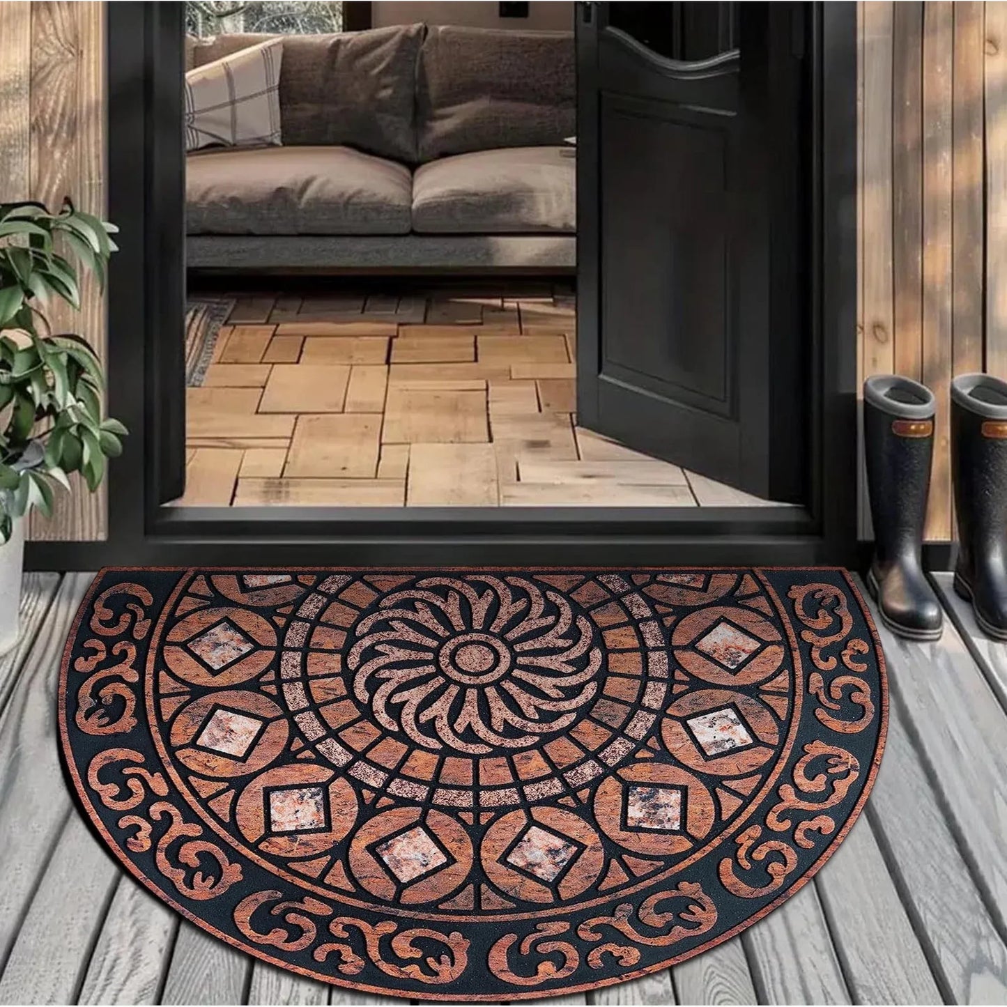 Boho Style Semicircular Door Mat, Heavy-Duty Outside Door Mat, Half Round Welcome Mat Outdoor for Front Door, Entryway, Patio