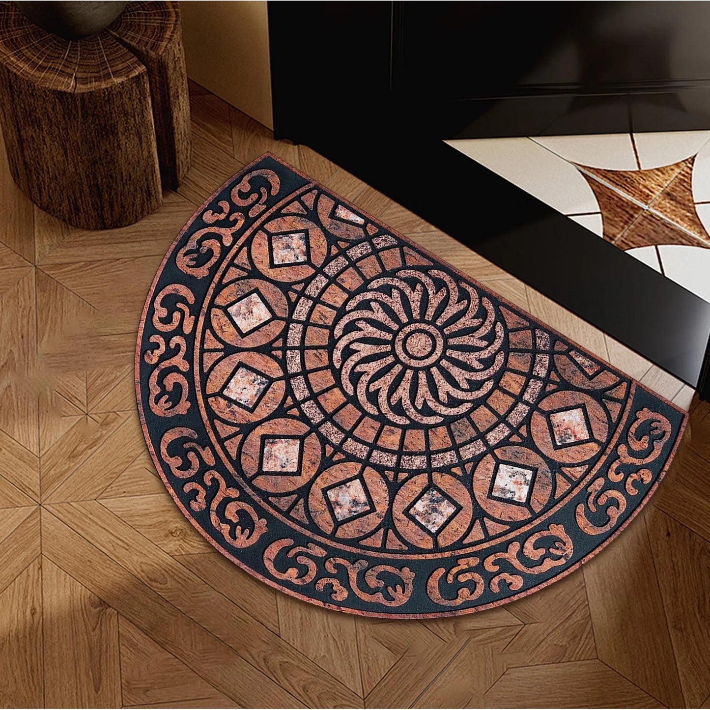 Boho Style Semicircular Door Mat, Heavy-Duty Outside Door Mat, Half Round Welcome Mat Outdoor for Front Door, Entryway, Patio