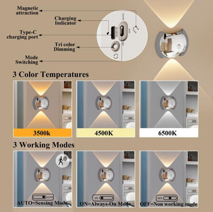 Indoor Wall Lamp - Night Light with Motion Sensor - Wireless LED Wall Light - Rechargeable Wall Lamp - Stair Lighting - Closet Lighting - Bedroom Lamp - USB Rechargeable - Magnetic -Warm White Light - Black - 1 Piece