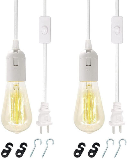 Plug in Hanging Light Kit, Retro Hanging Lights with Plug in Cord, E26 E27 Industrial Pendant Light Fixture, 5.9 FT Cord with On/Off Switch Hanging Lamp for Living Room Bedroom 2 Pack White