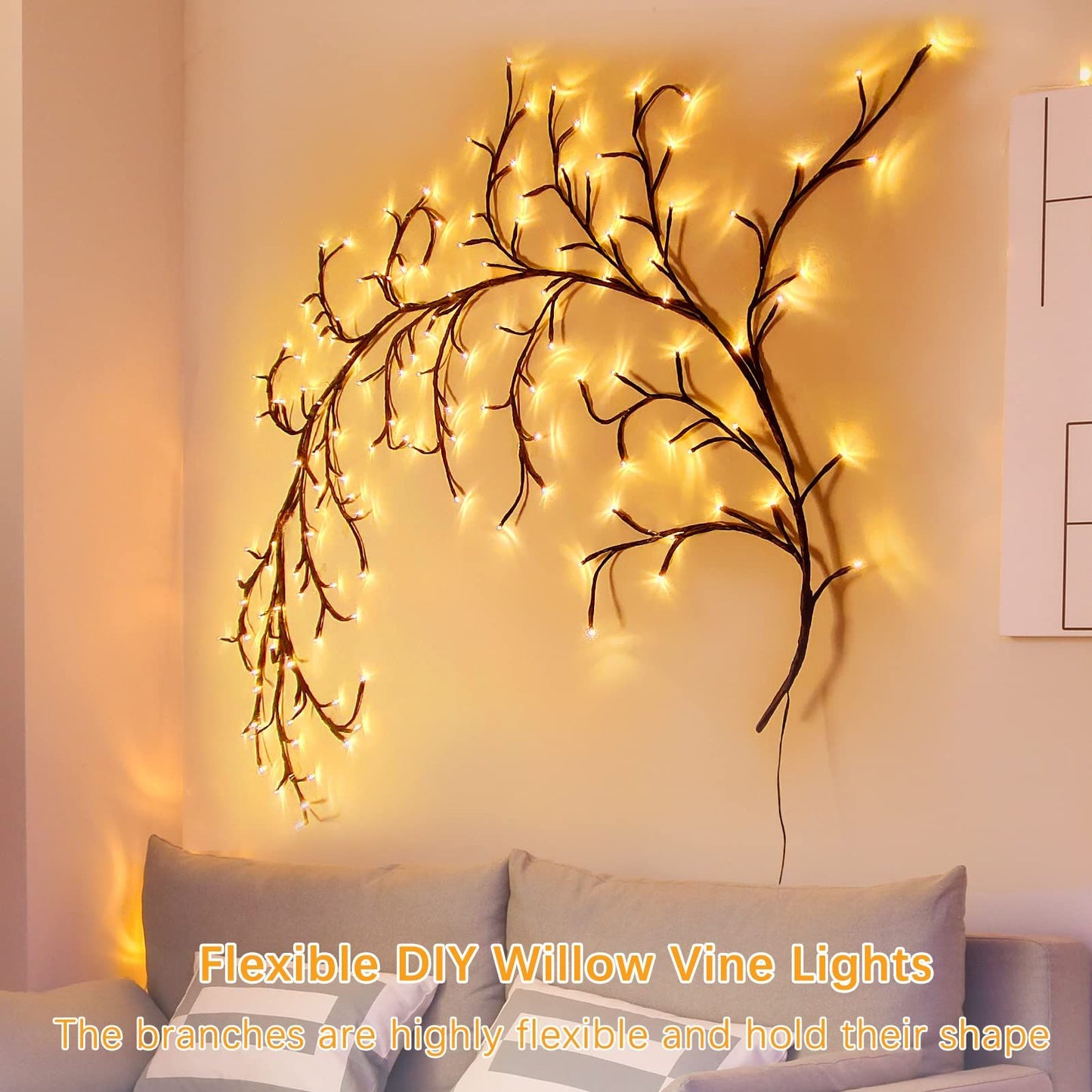 Enchanted Willow Vine Lights for Wall:Twinkling Tree Branch Light for Living Room and Bedroom Home Decor-Warm White Twinkle Tree Lights Lighted（1.8 meters long, 96 lights）