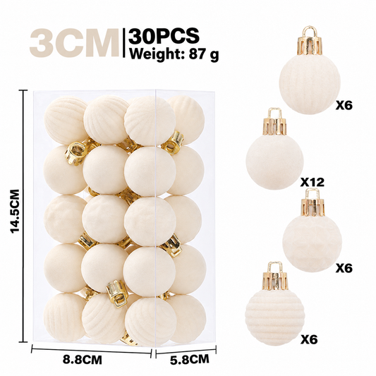 3cm Flocked Christmas Balls Set of 30 for Holiday Tree Hanging and Tabletop Display, Light Luxury Ornament Baubles in Assorted Colors and Textures for Festive Home Decor (Beige)