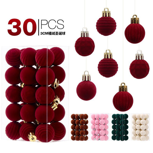 3cm Flocked Christmas Balls Set of 30 for Holiday Tree Hanging and Tabletop Display, Light Luxury Ornament Baubles in Assorted Colors and Textures for Festive Home Decor (Burgundy)