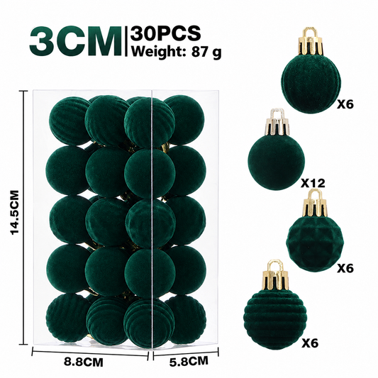 3cm Flocked Christmas Balls Set of 30 for Holiday Tree Hanging and Tabletop Display, Light Luxury Ornament Baubles in Assorted Colors and Textures for Festive Home Decor (DarkGreen)