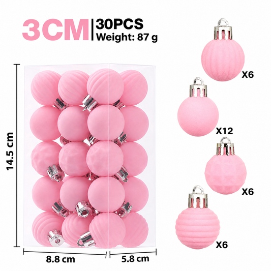 3cm Flocked Christmas Balls Set of 30 for Holiday Tree Hanging and Tabletop Display, Light Luxury Ornament Baubles in Assorted Colors and Textures for Festive Home Decor (Pink)