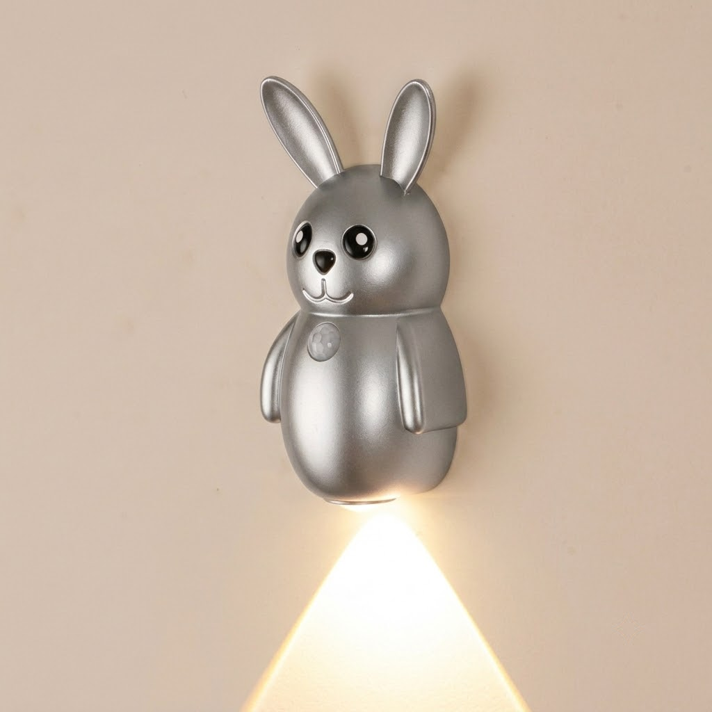 Adorable Cartoon Rabbit LED Motion Sensor Wall Light, Rechargeable Magnetic Cordless Night Lamp for Bedroom, Hallway, Stairs, and Kitchen with Dimmable Brightness and Adjustable Warm-to-Cool Glow (Silver, 2PCS)