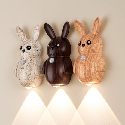 Adorable Cartoon Rabbit LED Motion Sensor Wall Light, Rechargeable Magnetic Cordless Night Lamp for Bedroom, Hallway, Stairs, and Kitchen with Dimmable Brightness and Adjustable Warm-to-Cool Glow (Walnut Grain, 2PCS)