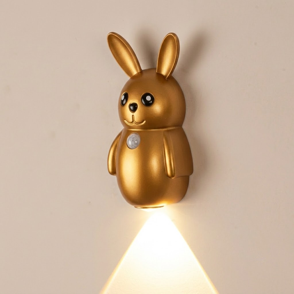 Adorable Cartoon Rabbit LED Motion Sensor Wall Light, Rechargeable Magnetic Cordless Night Lamp for Bedroom, Hallway, Stairs, and Kitchen with Dimmable Brightness and Adjustable Warm-to-Cool Glow (Wood Grain, 2PCS)