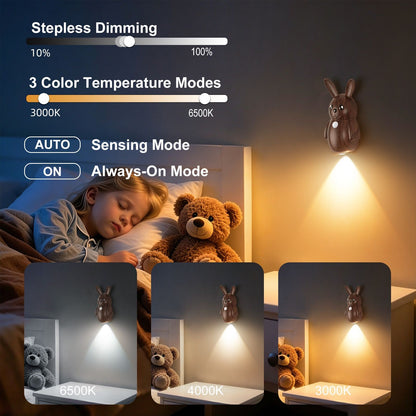 Adorable Cartoon Rabbit LED Motion Sensor Wall Light, Rechargeable Magnetic Cordless Night Lamp for Bedroom, Hallway, Stairs, and Kitchen with Dimmable Brightness and Adjustable Warm-to-Cool Glow (Yellow Travertine, 2PCS)