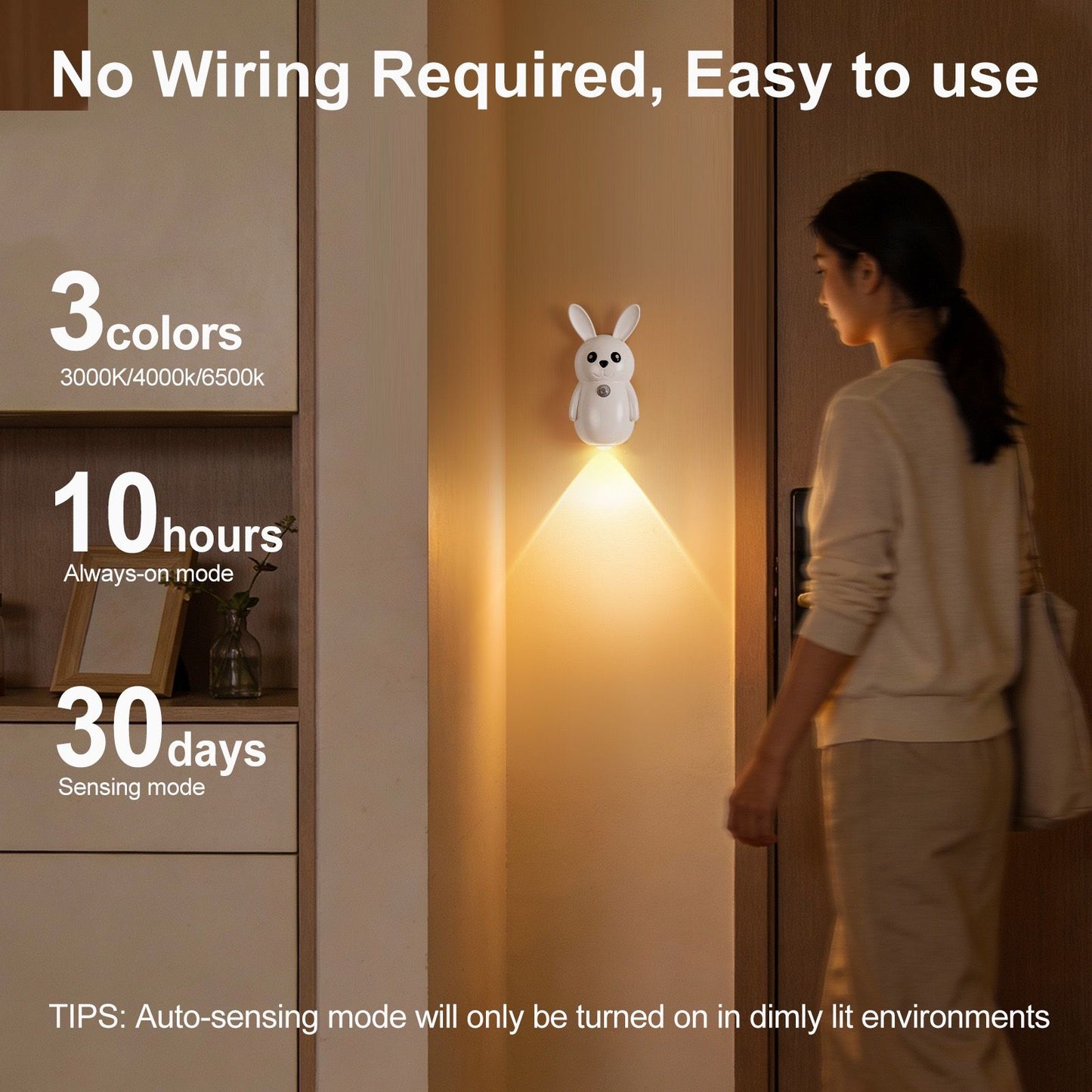 Adorable bunny-shaped motion sensor wall light with magnetic mounting, flicker-free LED, and three color temperatures—perfect for bedrooms, hallways, and staircases to create a warm, hands-free glow at night. (Blush, 2PCS)