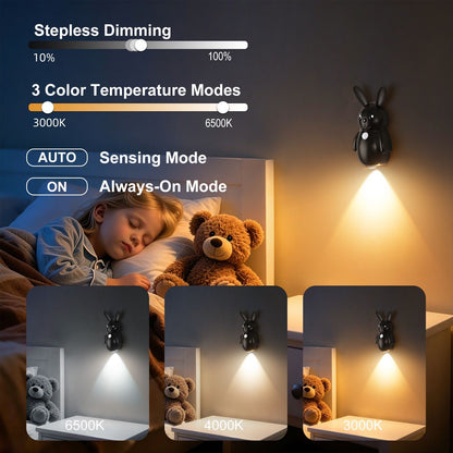 Adorable bunny-shaped motion sensor wall light with magnetic mounting, flicker-free LED, and three color temperatures—perfect for bedrooms, hallways, and staircases to create a warm, hands-free glow at night. (Pink, 2PCS)