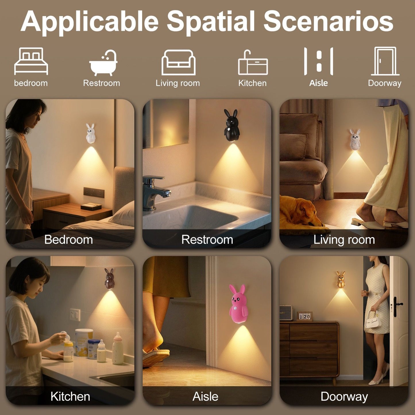 Adorable bunny-shaped motion sensor wall light with magnetic mounting, flicker-free LED, and three color temperatures—perfect for bedrooms, hallways, and staircases to create a warm, hands-free glow at night. (Pink, 2PCS)