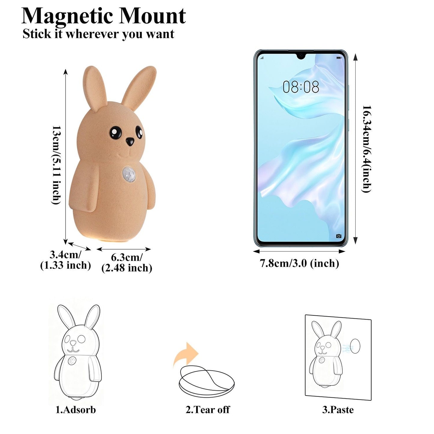 Adorable bunny-shaped motion sensor wall light with magnetic mounting, flicker-free LED, and three color temperatures—perfect for bedrooms, hallways, and staircases to create a warm, hands-free glow at night. (Pink, 2PCS)