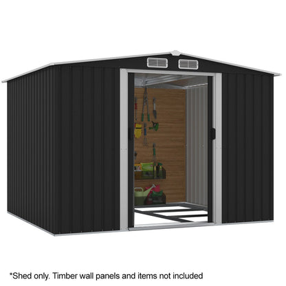 PLANTCRAFT Galvanised Steel Garden Shed 2.58 x 2.07 x 2.02m, with 2 Sliding Doors, 4 Air Vents, Gable Roof, Floor Frame, Black